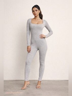 Oh Polly Jett Long sleeve Jumpsuit Square Neck Gray Size 6 Bodycon Minimalist